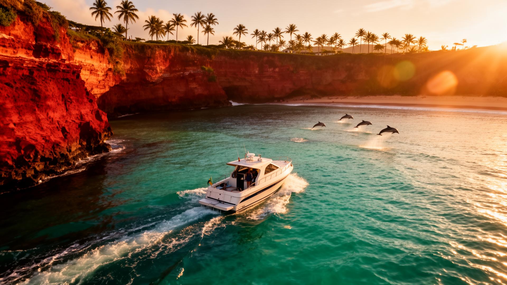 Lancha navegando pelas falésias de Pipa ao pôr do sol com golfinhos